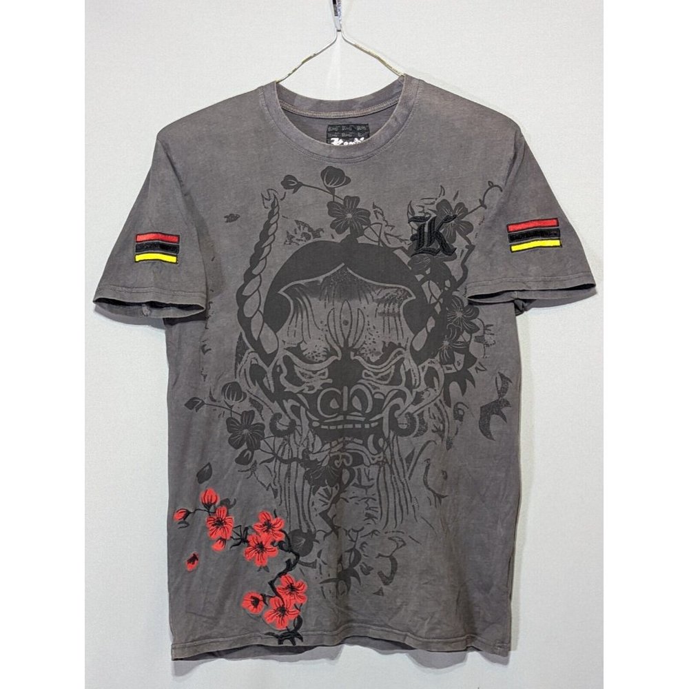 Kaalu Men's Japanese Cherry Blossom Graphic T-shirt Embroidered Gray Medium